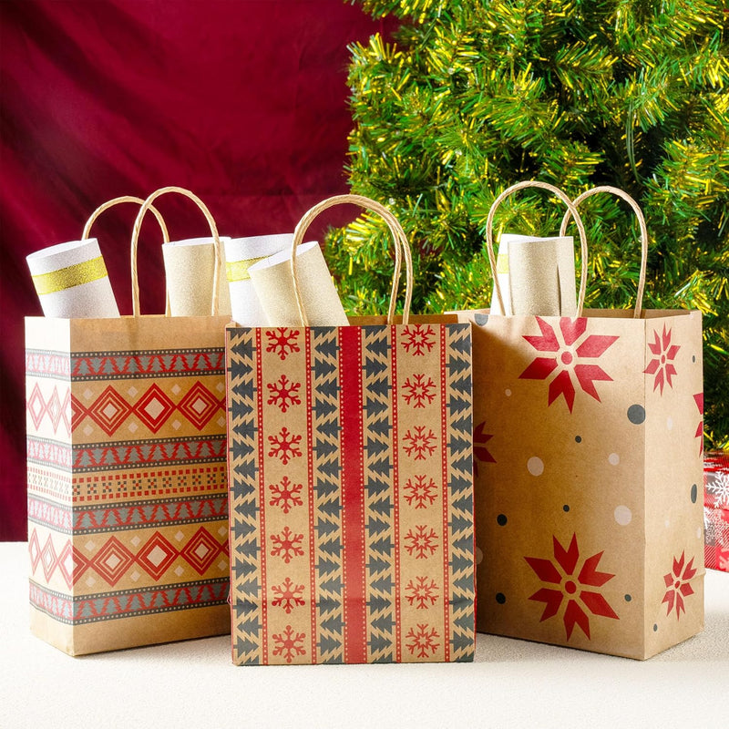 24 PCS Christmas Kraft Gift Bags Xmas Paper Goody Wrap Bags with Durable Handles and Non-Breaking Bottoms for Holidays