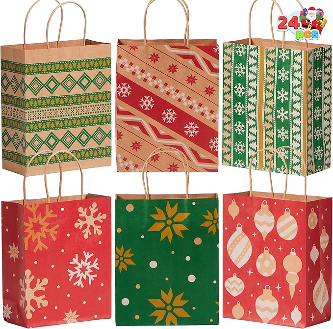 24 PCS Christmas Kraft Bags Holiday Paper Goody Gift Bags with Handles for Xmas Gifts Wrapping Party