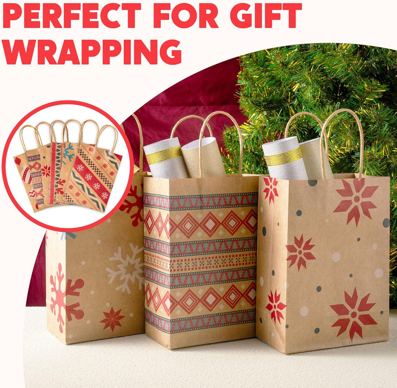 24 PCS Christmas Kraft Gift Bags Xmas Paper Goody Wrap Bags with Durable Handles and Non-Breaking Bottoms for Holidays