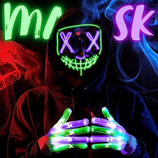 LED Multi Color Scary Mask And Gloves, (green&purple)