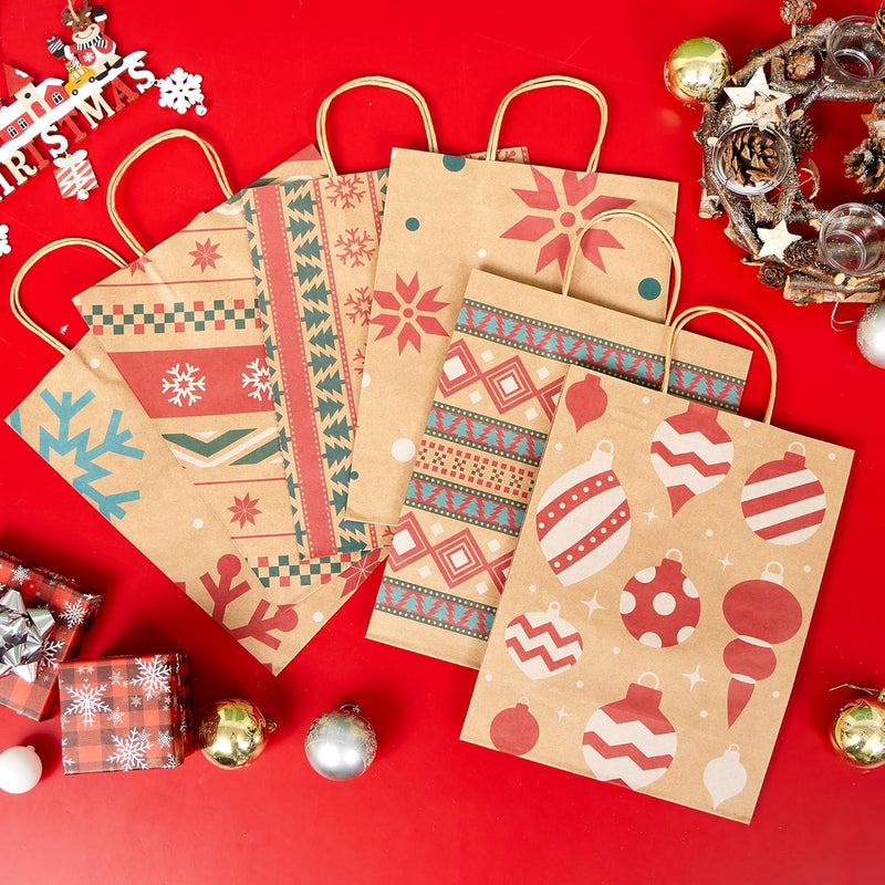 24 PCS Christmas Kraft Gift Bags Xmas Holiday Paper Goody Wrap Shopping Bags with Handles for Holiday Presents