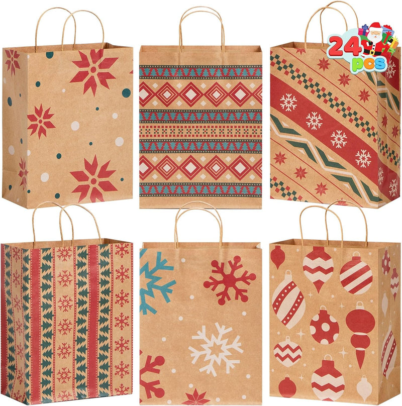 24 PCS Christmas Kraft Gift Bags Xmas Holiday Paper Goody Wrap Shopping Bags with Handles for Holiday Presents