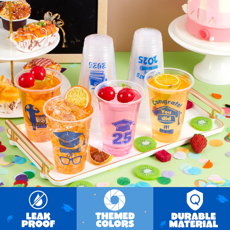 JOYIN 48 Pcs Blue Graduation Cups Party decorations, 16 Oz Disposable Plastic Cups Class of 2025 with 24 Fun Designs, Grad Decor Party Supplies for College & High School Celebrations
