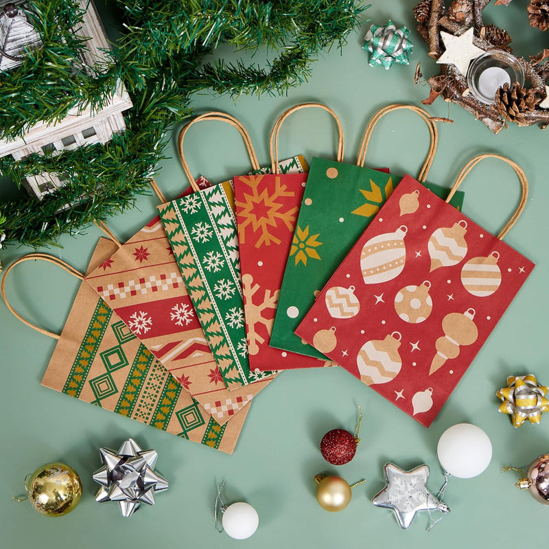 24 PCS Christmas Kraft Bags Holiday Paper Goody Gift Bags with Handles for Xmas Gifts Wrapping Party