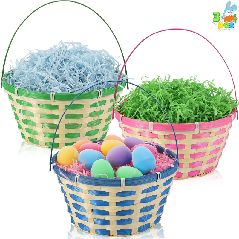 3PCS Easter Woven Goodie Baskets with Handle for Easter Egg Hunt