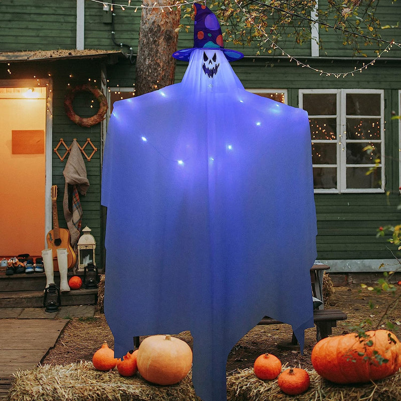 47in Light-up Hanging Ghost with Hat, Blue Lights
