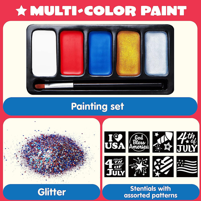 5 Colors Patriotic Face Paint Kit with Glitter and 16Pcs Stencils Sticker