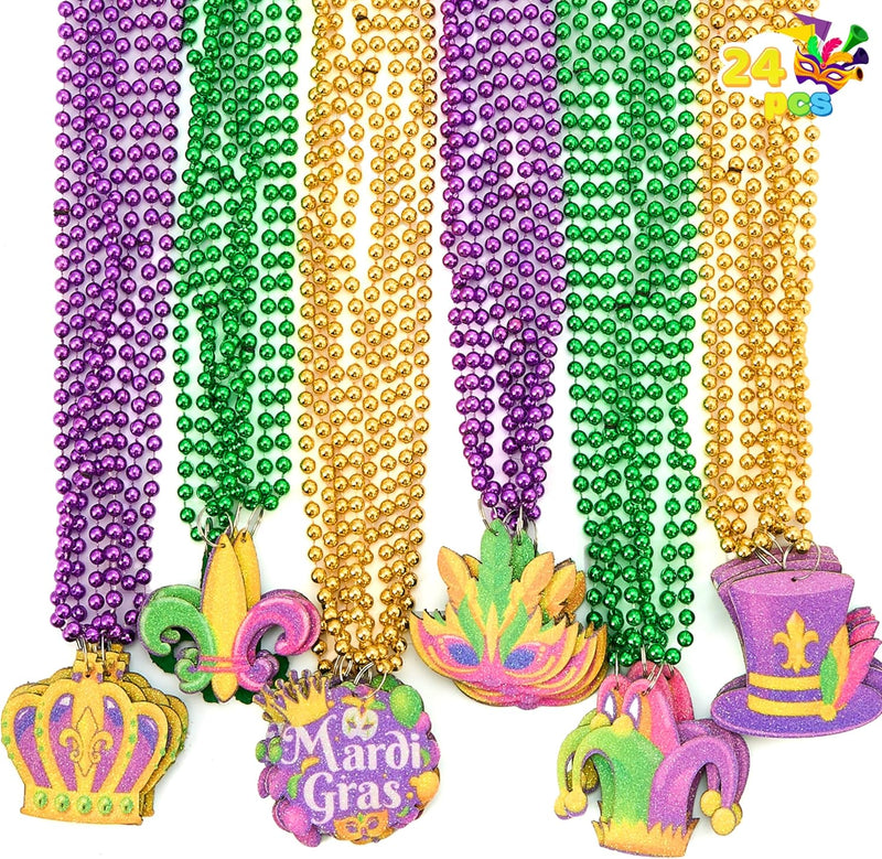 24 Pcs Mardi Gras Bead Necklaces with Pendant