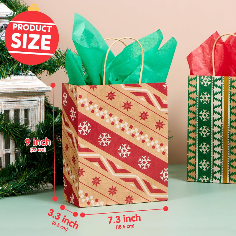 24 PCS Christmas Kraft Bags Holiday Paper Goody Gift Bags with Handles for Xmas Gifts Wrapping Party