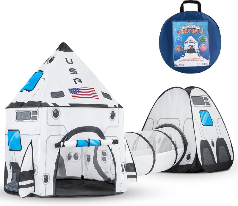 Joyin White Rocket Ship Pop up Play Tent with Tunnel and Playhouse Kids Indoor Outdoor Spaceship Tent Set