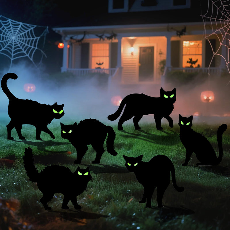 6 Pcs Halloween Black Cat Yard Signs with Glow in Dark Eyes
