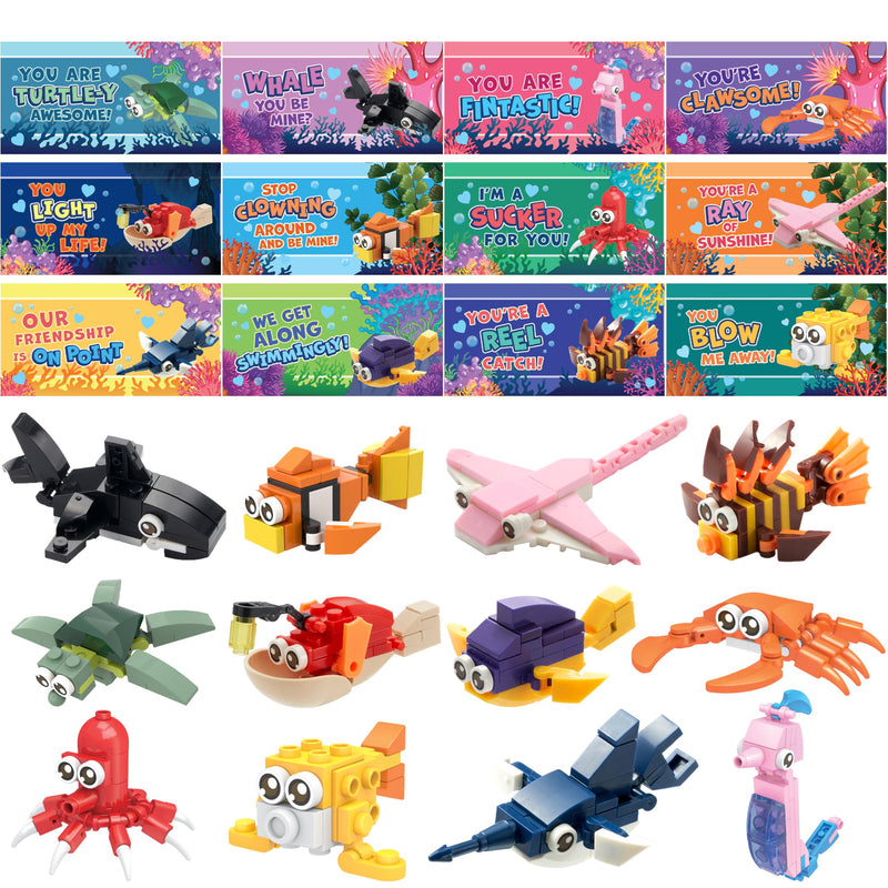 24 Packs Valentines Day Cards with Ocean Animal Building Block for Party Gifts