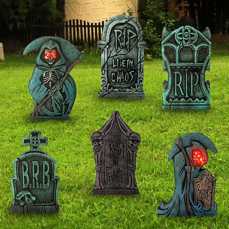 2 Light Up Grim Reaper with 4 Tombstone Decoration Set