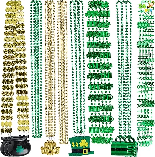 JOYIN 72 Pcs St. Patrick's Day Necklaces Set with Shamrock Beer Mug Hat Pot Gold coin Elements