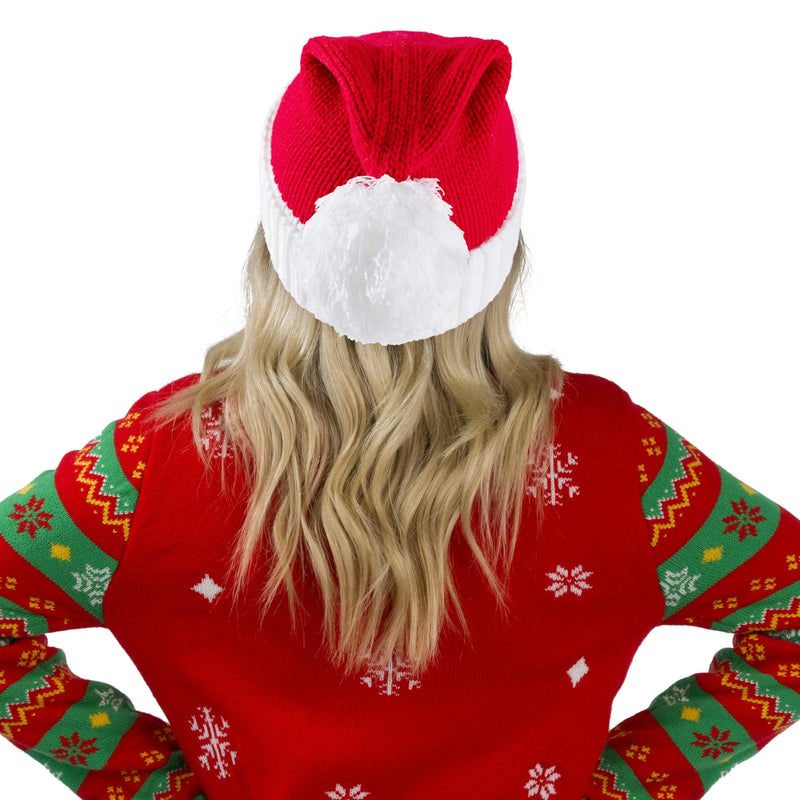 Adult Knit Christmas Santa Beanie Hat with Pom Poms