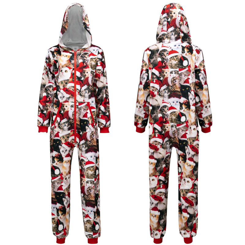 Adults Cute Cat Print Christmas Hooded Pajamas with Pockets