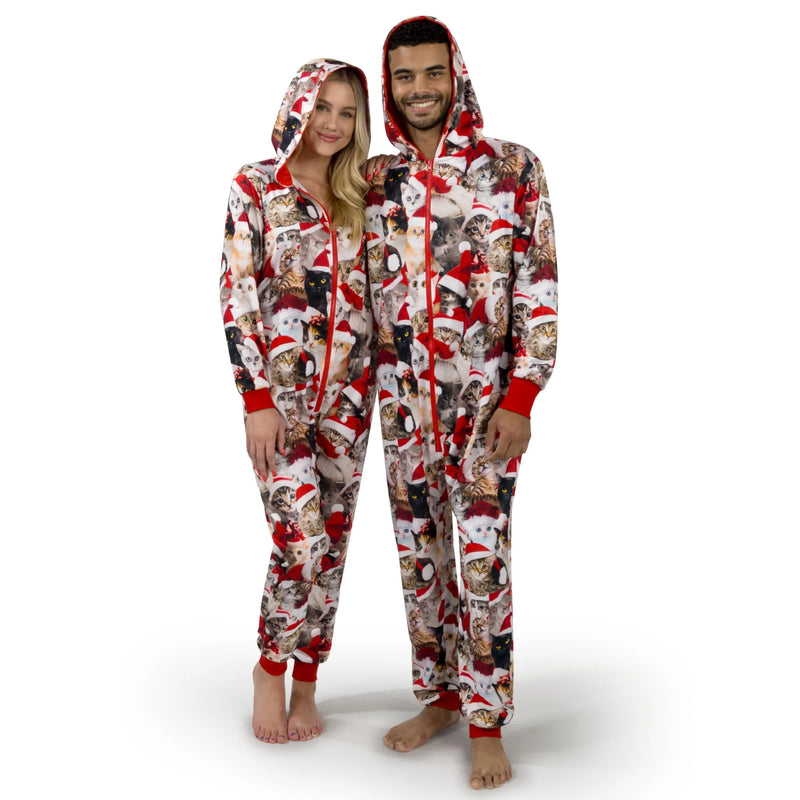 Adults Cute Cat Print Christmas Hooded Pajamas with Pockets