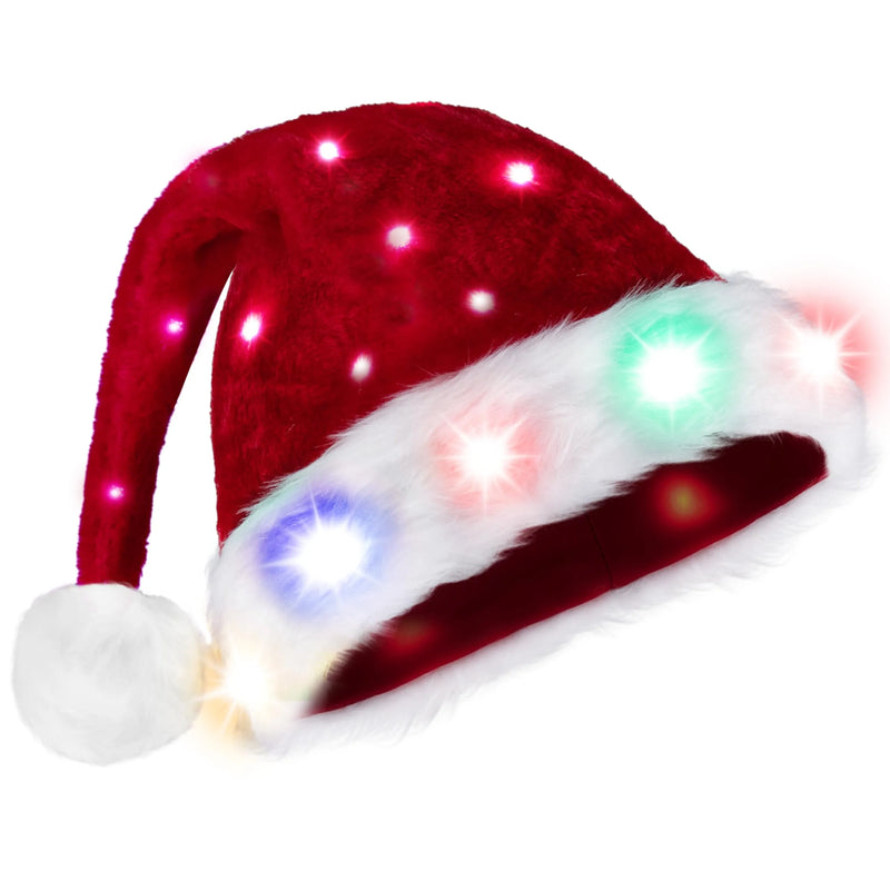 Adults Light-up Christmas Santa Elf Hats with Pom Poms and Colorful Lights