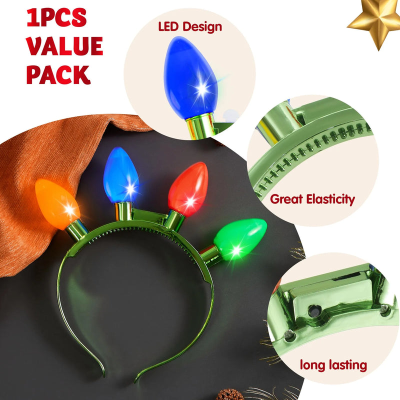 Christmas 1 Pack LED Light Up Bulb Headband with 4 Colorful LED Bulbs, 6 Flashing Modes