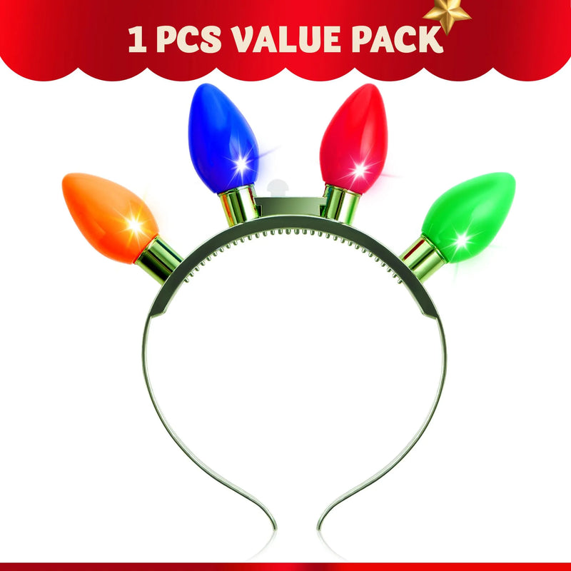 Christmas 1 Pack LED Light Up Bulb Headband with 4 Colorful LED Bulbs, 6 Flashing Modes