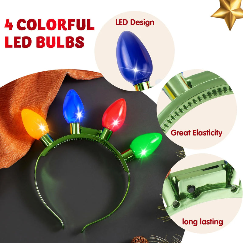 Christmas 9 Packs LED Light Up Bulb Headband with 4 Colorful Bulbs