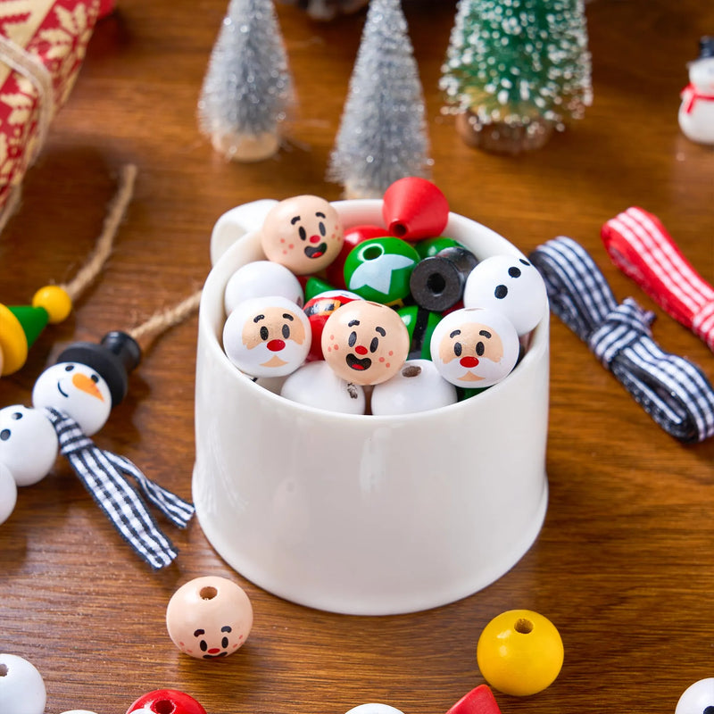 Christmas DIY Wooden Beads Craft, Printed Wood Round Beads