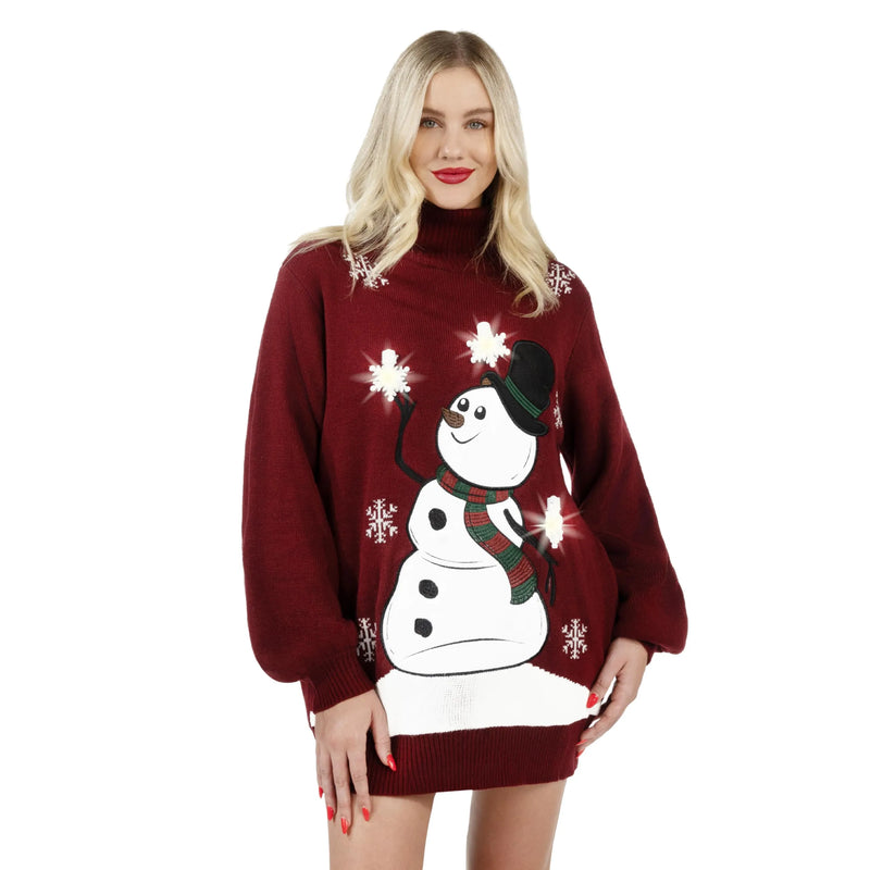 Christmas Ugly Sweater Dress, 3D Snowman Women Turtleneck Loose Sweater