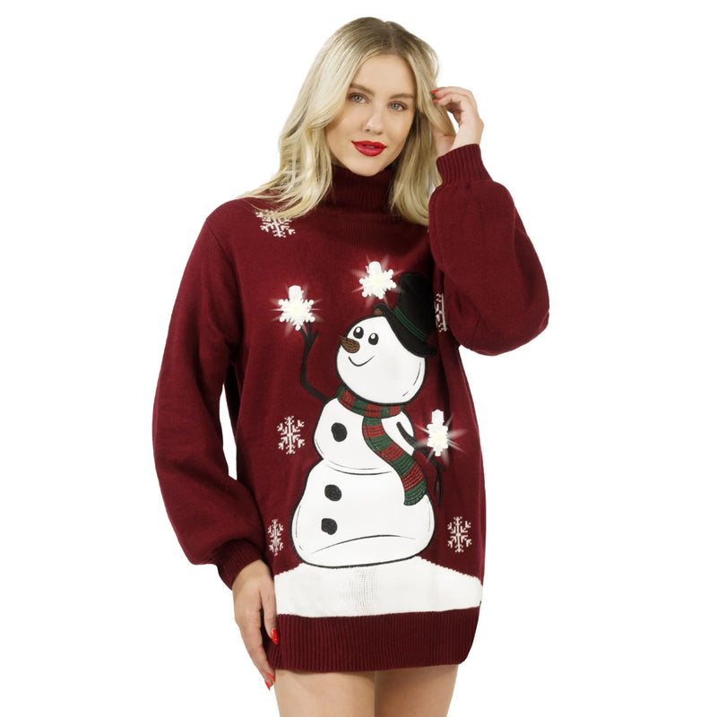 Christmas Ugly Sweater Dress, 3D Snowman Women Turtleneck Loose Sweater