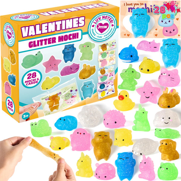 28Pcs Mochi Squishy Toys with Glow-in-The-Dark Kids Valentines Exchange Cards