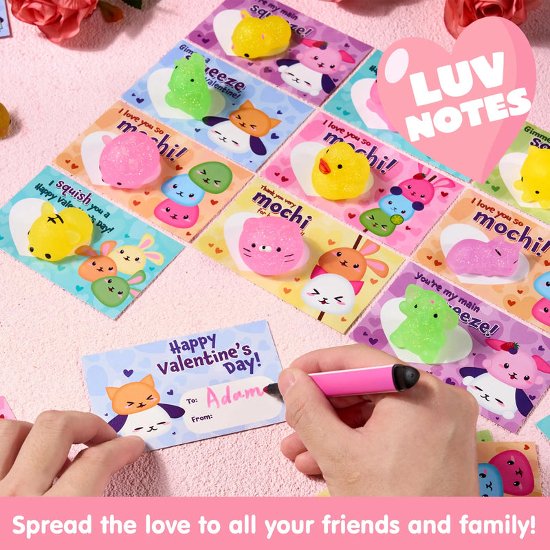 28Pcs Kawaii Glitter Mochi Squishy Toy with Valentines Day Cards for Kids-Classroom Exchange Gifts