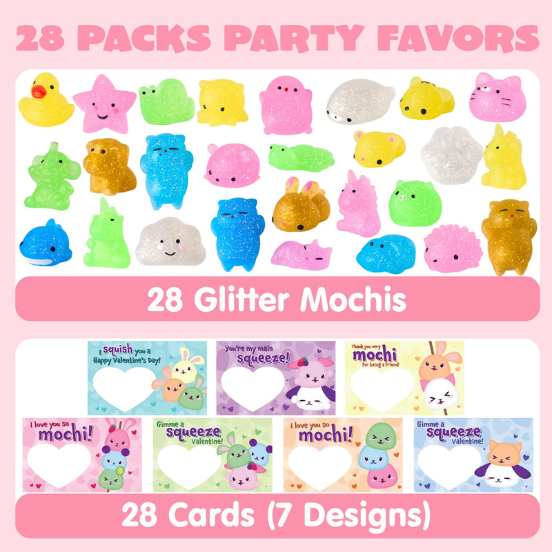 28Pcs Kawaii Glitter Mochi Squishy Toy with Valentines Day Cards for Kids-Classroom Exchange Gifts