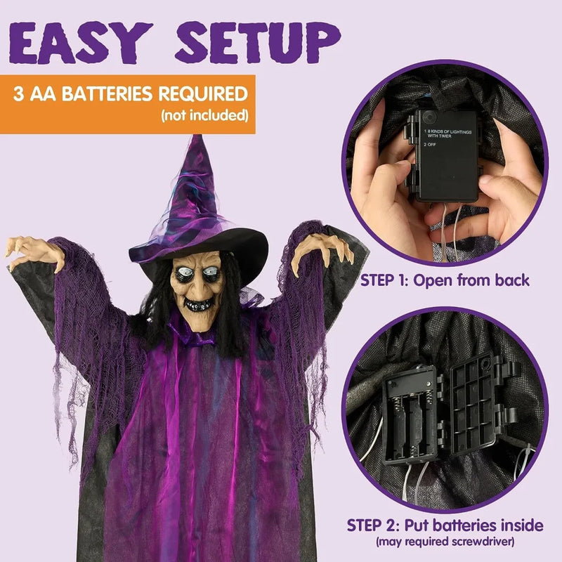 JOYIN 72" Halloween Animated Haning Witch with Light-up esys and Glowing Body