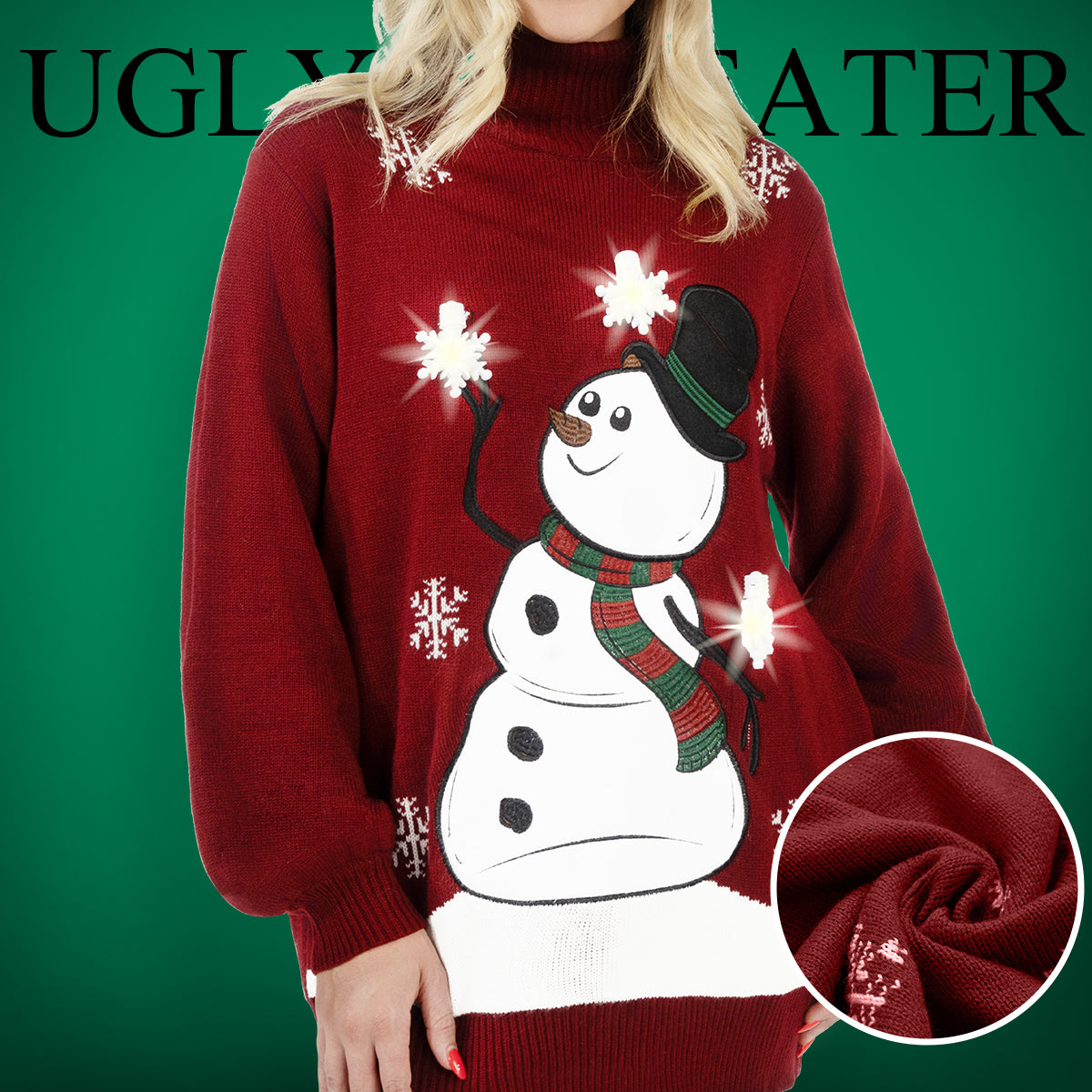 Christmas Ugly Sweater Dress, 3D Snowman Women Turtleneck Loose Sweate