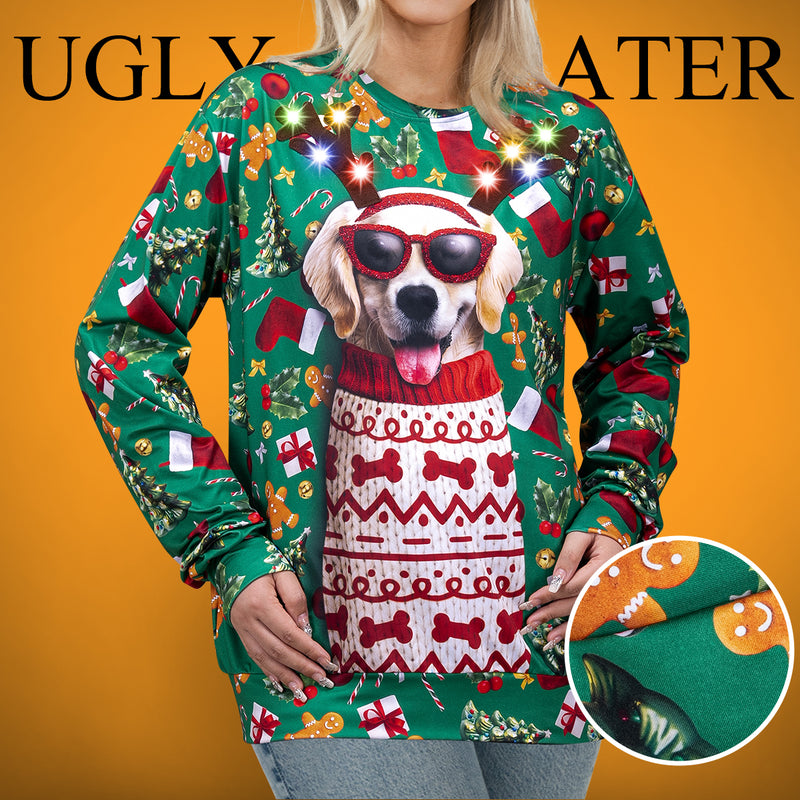 Unisex Ugly Sweatshirt, LED Light Up Reindeer Puppy Christmas Sweater