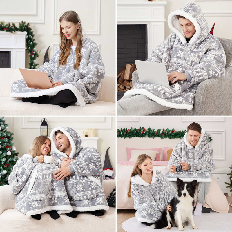 Adult Wearable Blanket Hoodie Fleece Sherpa Snowflake