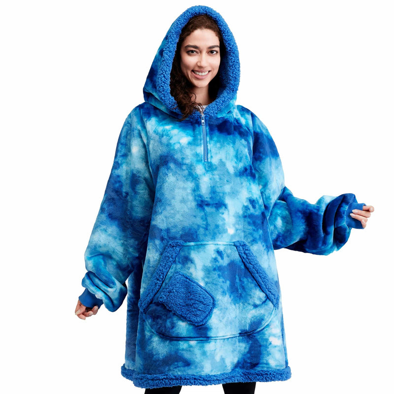 Adult Sherpa Wearable Blanket-Dark Blue Tie Dye