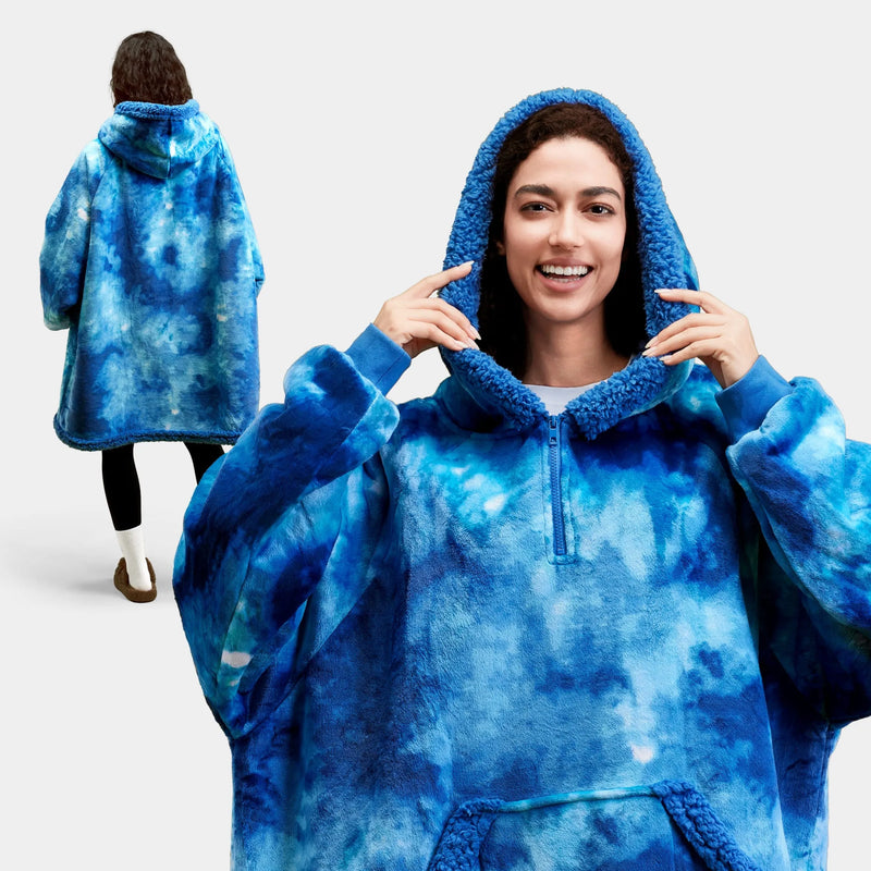 Adult Sherpa Wearable Blanket-Dark Blue Tie Dye