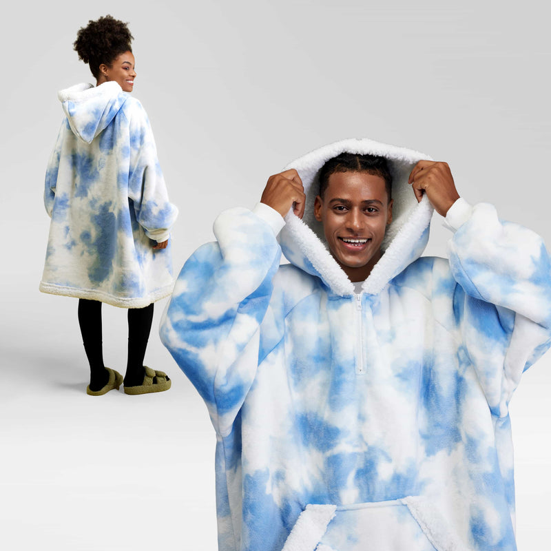 Adult Sherpa Wearable Blanket-Light Blue Tie Dye