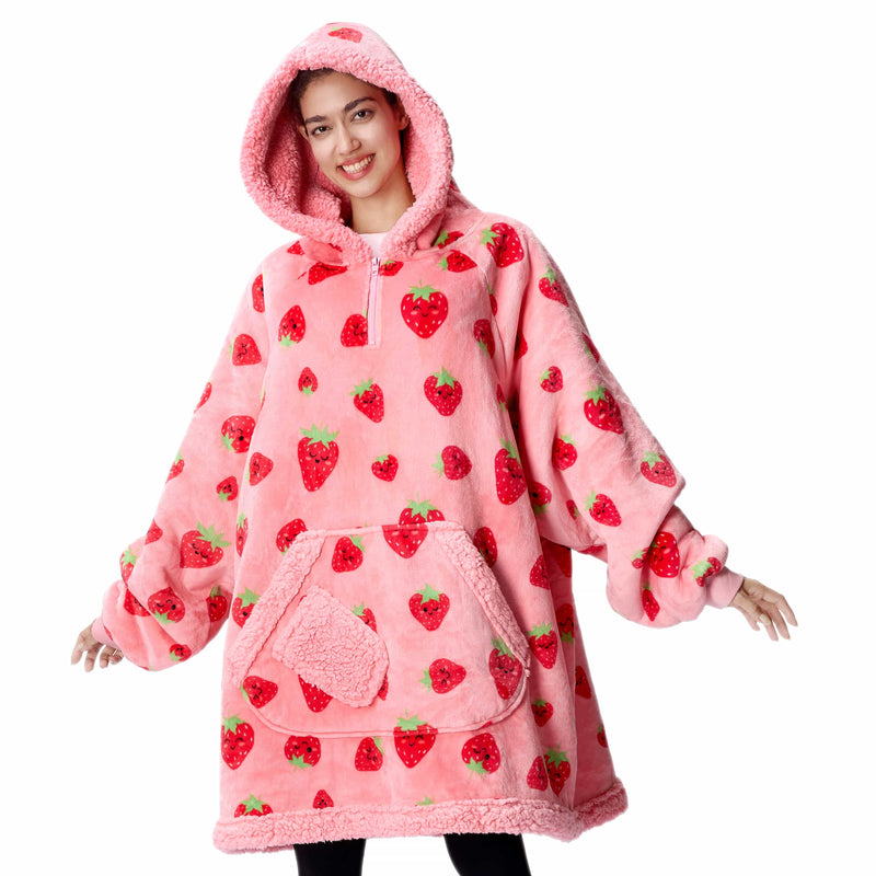 Adult Sherpa Wearable Blanket-Strawberry