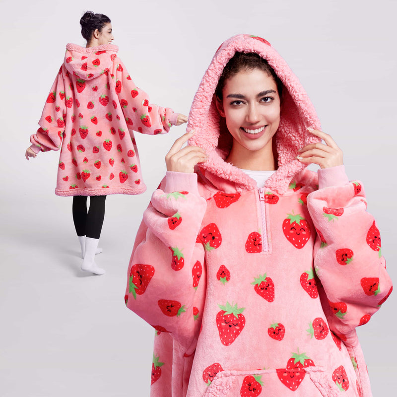 Adult Sherpa Wearable Blanket-Strawberry