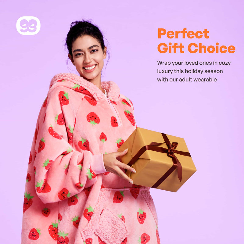 Adult Sherpa Wearable Blanket-Strawberry