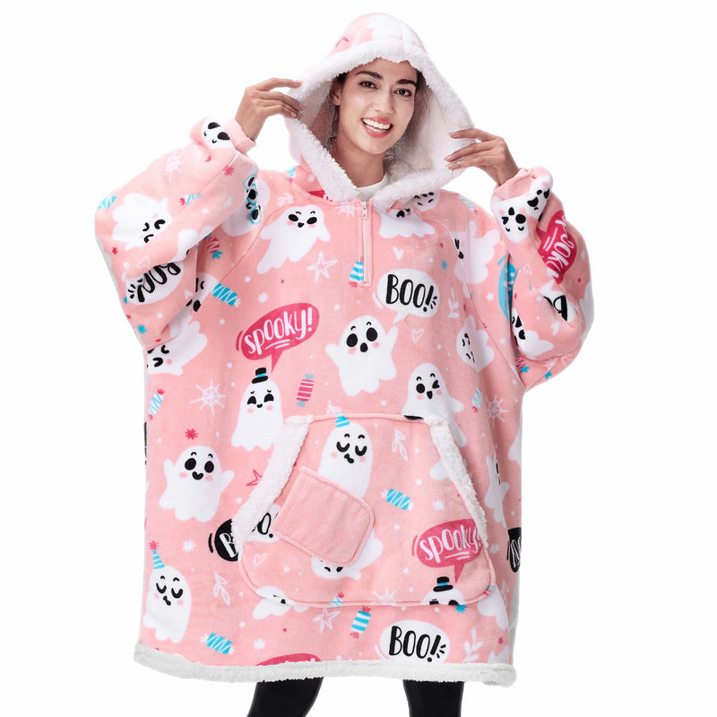 Adult Flannel Wearable Blanket-Halloween pink ghost