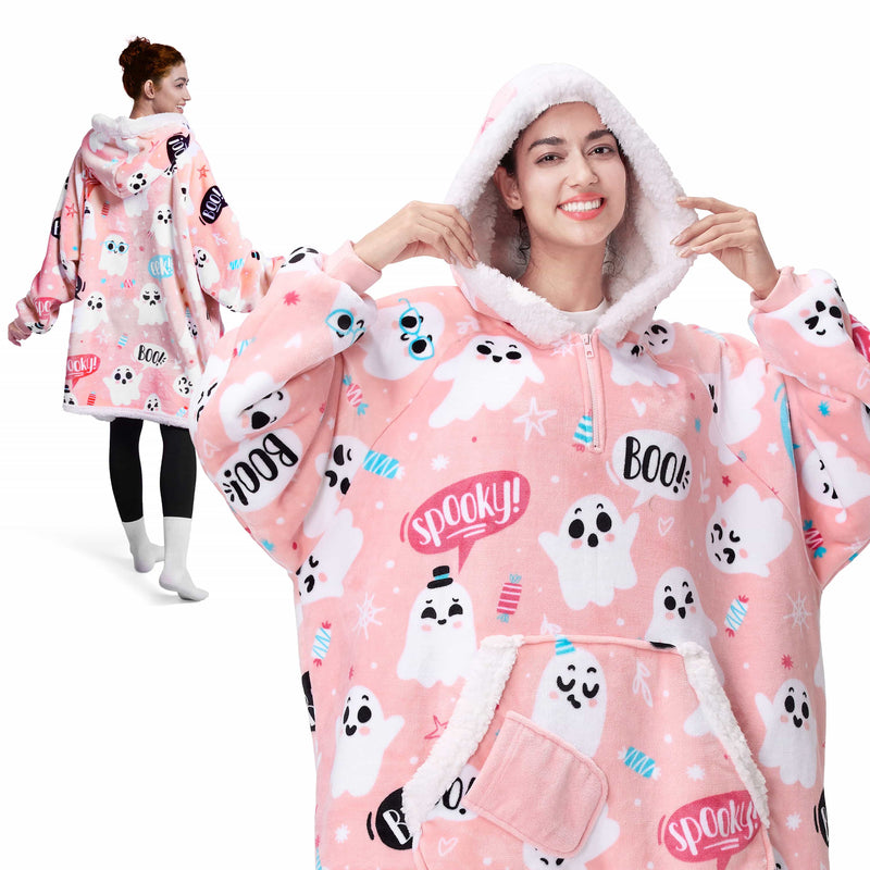 Adult Flannel Wearable Blanket-Halloween pink ghost