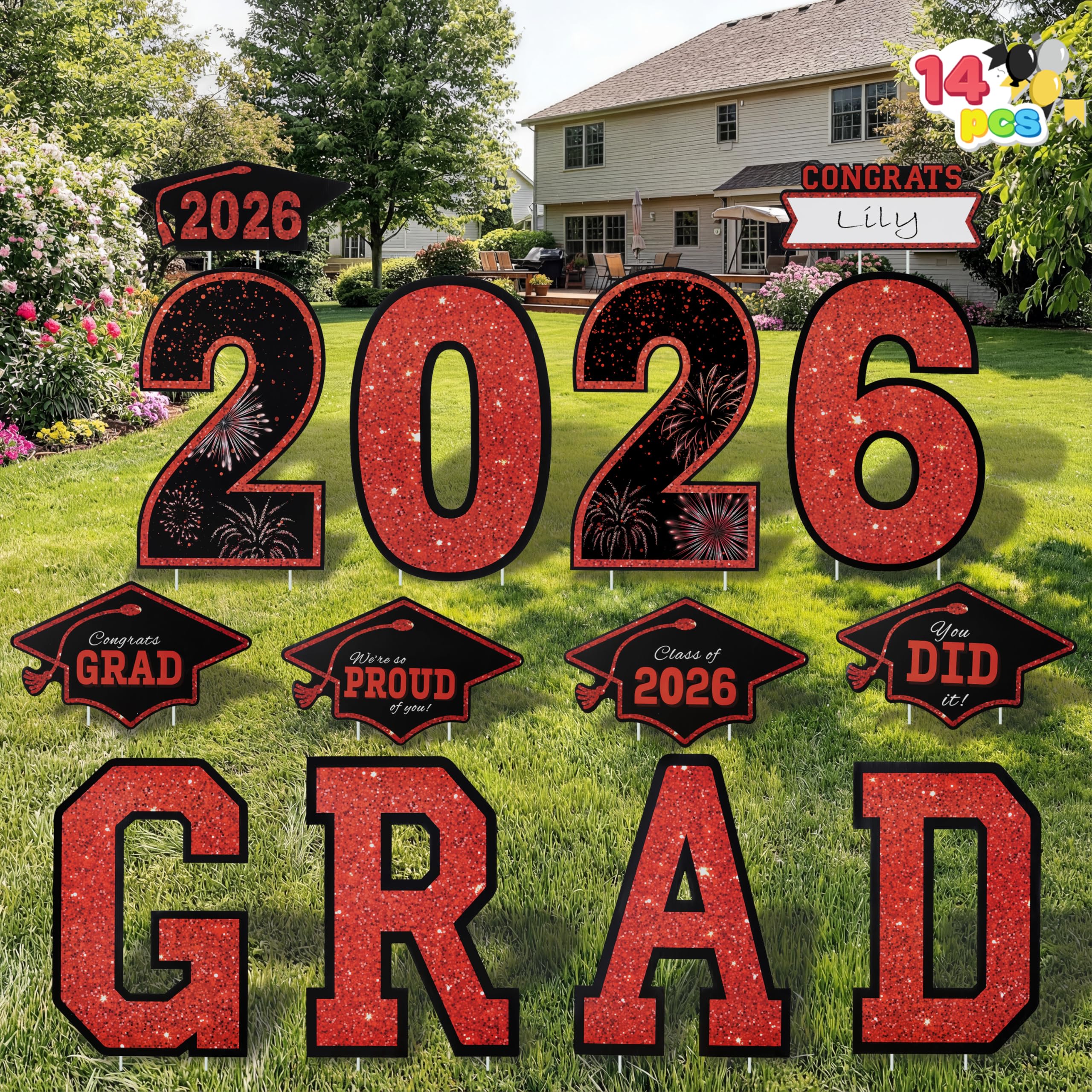 JOYIN 14Pcs Black & Red Graduation Yard Signs 2026 Party Supplies