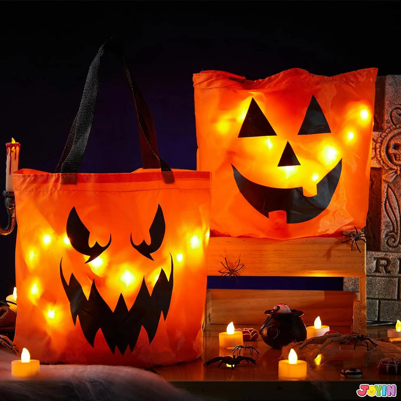 2Pcs Halloween LED Light Pumpkin Buckets Trick or Treat Bags Reusable Goody Bucket