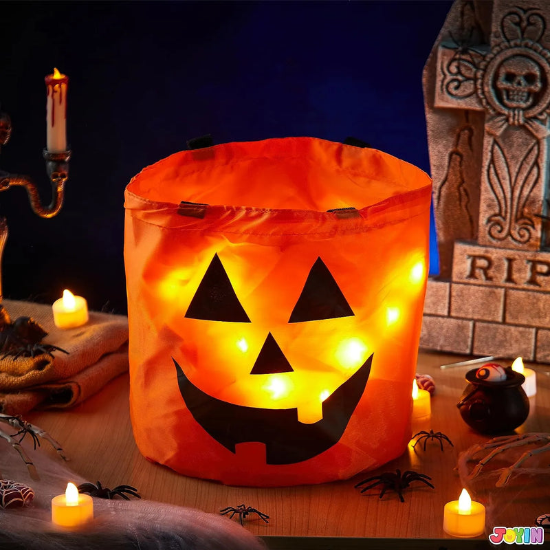 2Pcs Halloween LED Light Pumpkin Buckets Trick or Treat Bags Reusable Goody Bucket