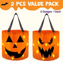 2Pcs Halloween LED Light Pumpkin Buckets Trick or Treat Bags Reusable Goody Bucket