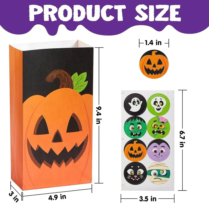 72PCS Halloween Treat Bags, 6 Styles Trick or Treat Paper Bags with Stickers, Halloween Goodie Bags for Kids