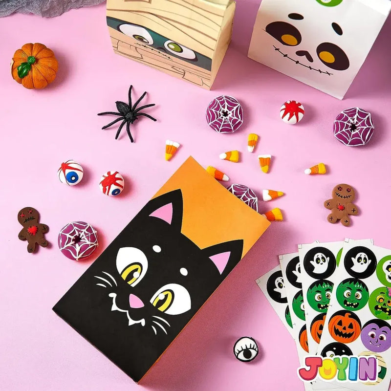 72PCS Halloween Treat Bags, 6 Styles Trick or Treat Paper Bags with Stickers, Halloween Goodie Bags for Kids