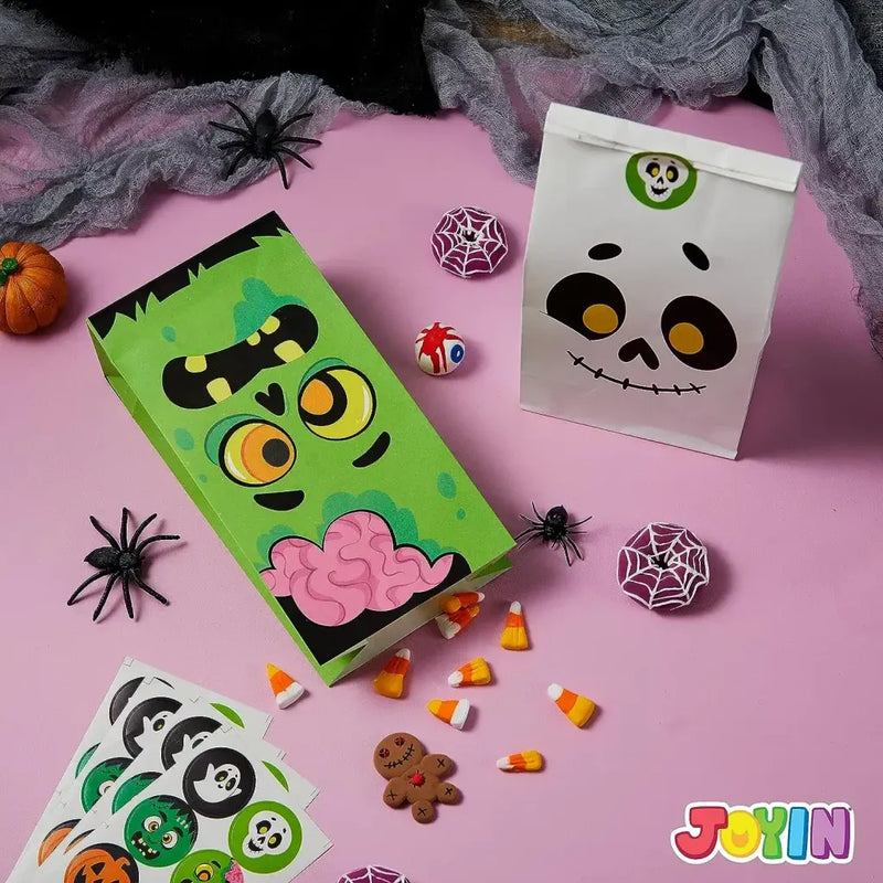 72PCS Halloween Treat Bags, 6 Styles Trick or Treat Paper Bags with Stickers, Halloween Goodie Bags for Kids